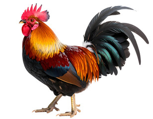 Fototapeta premium A vibrant and colorful rooster stands proudly with its striking plumage and impressive tail feathers displayed.