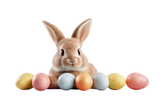 a cute easter bunny with colored eggs isolated on a white background, png. portrait of the easter rabbit and colorful eggs in the bottom left corner. isolated on a white background. - Powered by Adobe