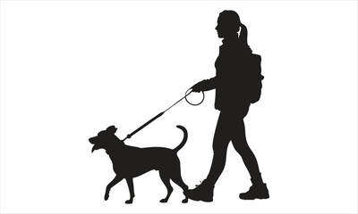 Elegant Woman Walking Dogs Silhouette Vector – Stylish Pet Walking Illustration
