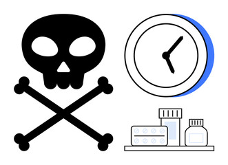 Skull and crossbones, clock, and medication bottles highlight health risks and overdose issues. Ideal for toxicology, warnings, healthcare education, substance abuse, time management, safety
