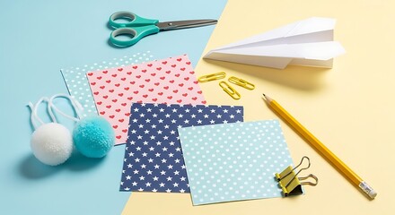 School Supplies and Paper Airplane on Pastel Background Creative Back to School Concept