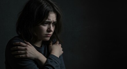 Fototapeta premium A young woman clutches her arms across her chest looking down with a worried expression