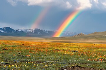 Vibrant wildflower meadow under double rainbows in a mountainous landscape during springtime