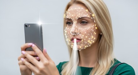 Woman using facial recognition technology on smartphone with face scanning overlay on her face