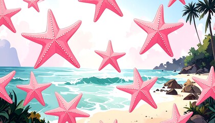 Pink starfish pattern over a tropical beach scene