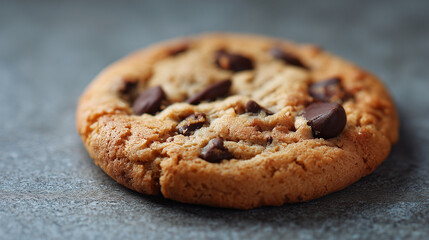  Ai chocolate chip cookie resting on a gray surface, showcasing its crispy edges and soft center, inviting a sweet treat moment