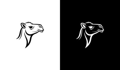 The image shows a stylized vector illustration of a camel’s head, divided into two halves. On the left, the background is white with a black camel design