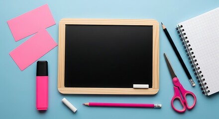 Back to School Blackboard and School Supplies Mockup on Light Blue Surface
