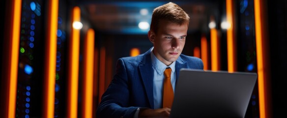 The focused businessman working on a laptop in a modern server room.