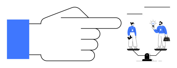 Hand outlines pointing to evenly balanced scale with two employees holding objects. Ideal for decision-making, equality, balance, leadership, fairness, workforce, business strategy. Simple flat