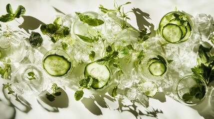Obraz premium Refreshing cucumber mint drink ice herbs overhead view green cool tones summer beverage healthy lifestyle