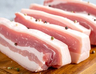 Fresh pork belly slices on a wooden board
