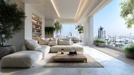 Obraz premium modern apartment condominium interior design living room balcony terrace with urban city view furniture decor creating stylish comfortable home environment