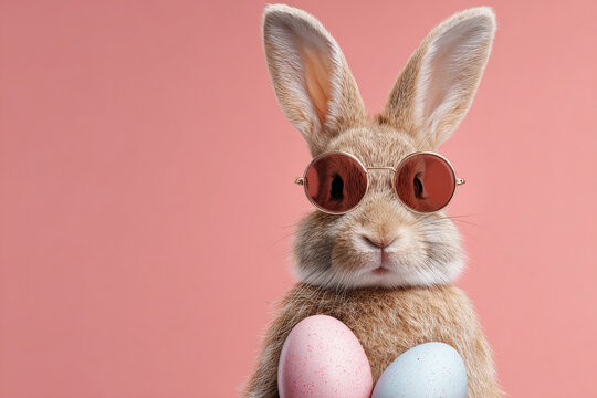 Cute bunny rabbit wearing sunglasses holding pastel Easter eggs on pink background