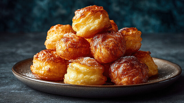 Pommes dauphines Crispy potato puffs. Presented on a plate placed at the center of a dark textured background