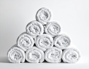 "Stack of rolled towels arranged in a pyramid style, close-up shot showing fibers, softness, and neat arrangement. Bright, clean studio setting. 1:1 ratio, HD."