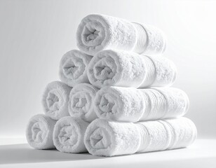 "Stack of rolled towels arranged in a pyramid style, close-up shot showing fibers, softness, and neat arrangement. Bright, clean studio setting. 1:1 ratio, HD."