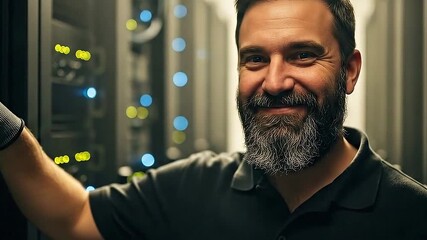 Smiling it technician working confidently with server hardware in data center environment