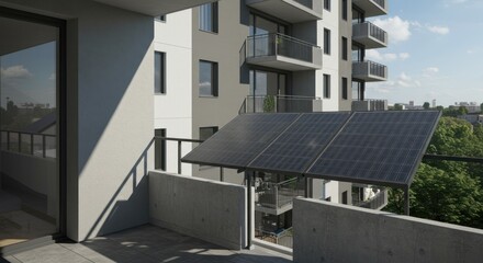 Fototapeta premium Balcony with solar panels on apartment building exterior