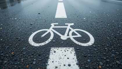 Close-up of a wet asphalt road with a white bicycle lane marking, symbolizing sustainable transportation and active lifestyle