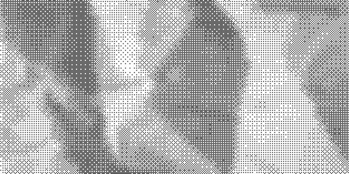 Pixelated bitmap gradient texture. Black and white dither pattern background. Abstract glitchy pattern. 8 bit video game screen wallpaper. Wide raster backdrop. Retro pixel art Illustration. Vector