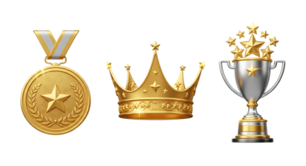 A golden medal with ribbon, a golden crown, and a silver trophy with stars on a black background