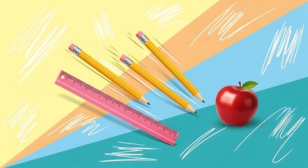 Back to School Still Life Apple Pencils and Ruler on Colorful Background