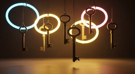 Vintage keys suspended by strings, illuminated by vibrant neon rings of light.  A dimly lit, studio setting