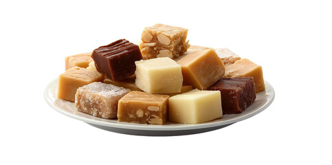 a plate of fudge, a rich and creamy candy that is made from cream or milk, mixed with sugar, nuts, and sweet flavors such as caramel or vanilla to create various shapes like squares, cubes, circles, a