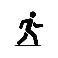 Black silhouette of walking figure with shadow—minimalist icon for pedestrian activity, movement, navigation, or fitness and mobility themes 