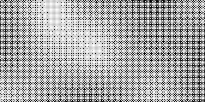 Bitmap pixelated grunge gradient texture. Black and white dither pattern wallpaper. Abstract glitchy pattern. 8 bit video game background. Wide raster backdrop. Retro pixel art Illustration. Vector