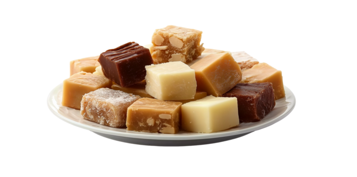 a plate of fudge, a rich and creamy candy that is made from cream or milk, mixed with sugar, nuts, and sweet flavors such as caramel or vanilla to create various shapes like squares, cubes, circles, a