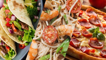 A triplex collage of three iconic dishes from around the world: mexican, mediterranean, and italian cuisine, tacos, pasta with shrimp, and pizza with ham.