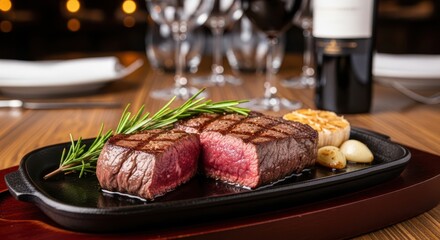 A perfectly cooked, juicy steak, sliced in half to reveal its mediumrare interior, served with roasted garlic and a sprig of rosemary on a cast iron skillet