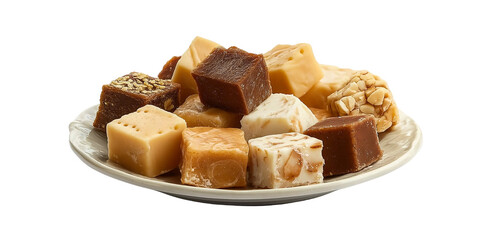 a plate of fudge, a rich and creamy candy that is made from cream or milk, mixed with sugar, nuts, and sweet flavors such as caramel or vanilla to create various shapes like squares, cubes, circles, a