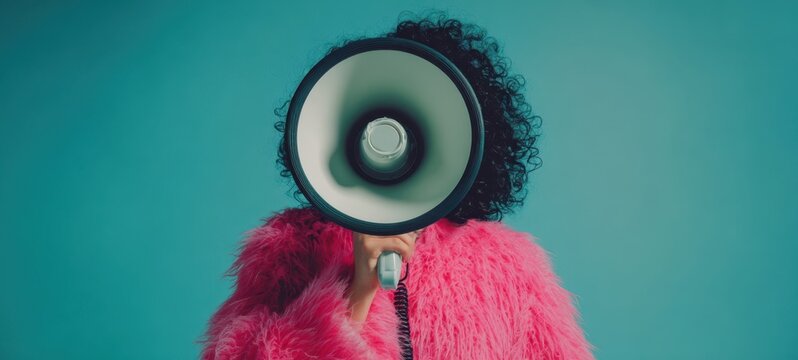 The Bold Woman Holding a Megaphone in Vibrant Pink Fur.