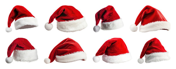 Fototapeta premium PNG Red Santa hats collection festive, element set on transparent background