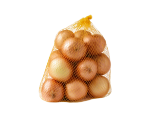 A group of fresh brown onions packed inside a red mesh net bag, isolated on a white background. The onions have smooth, papery skins with natural textures and subtle color variations. The net bag is t