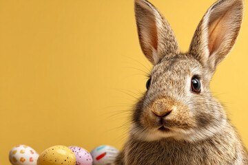 Obraz premium Cute Easter bunny with decorated eggs on yellow background