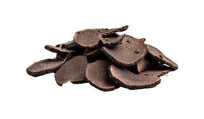  a pile of dark truffle slices on a white background, with some pieces scattered around them. the edges have been trimmed, and the shape is irregular, creating an artistic effect. there are no text or