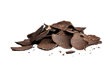  a pile of dark truffle slices on a white background, with some pieces scattered around them. the edges have been trimmed, and the shape is irregular, creating an artistic effect. there are no text or