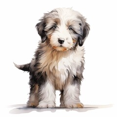 This watercolor illustration shows a fluffy Bernedoodle puppy standing, facing the viewer, with its fur in shades of white, brown, and black.