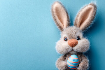 Obraz premium Cute fluffy bunny holding a decorated Easter egg on blue background