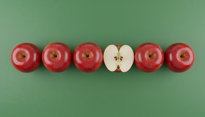 Fresh red apples arranged with one sliced apple on green backdrop