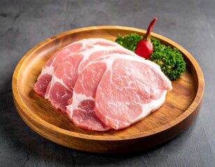 Fresh pork slices on a wooden plate