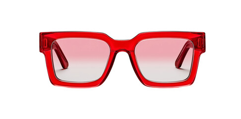 a pair of red rectangular sunglasses with square frames and clear lenses, designed for the female fashionista who loves bold colors. the glasses have an elegant design that is suitable for formal or c