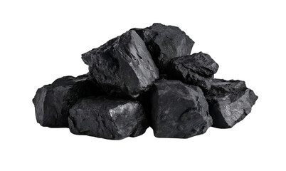an ultra-realistic photograph of coal, a rock that is black in color and serves as the main source for energy production, on a white background. the composition should capture the texture and appearan
