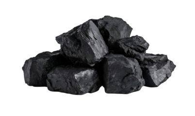 an ultra-realistic photograph of coal, a rock that is black in color and serves as the main source for energy production, on a white background. the composition should capture the texture and appearan