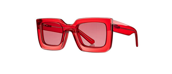 a pair of red rectangular sunglasses with square frames and clear lenses, designed for the female fashionista who loves bold colors. the glasses have an elegant design that is suitable for formal or c