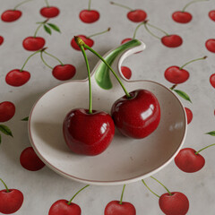 Fresh Red Cherries on Plate with Cherry Pattern Tablecloth